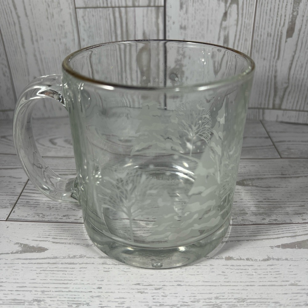 Libby Frosted Winter Christmas Glass Mug with Snowy Scene Festive Cozy Holiday